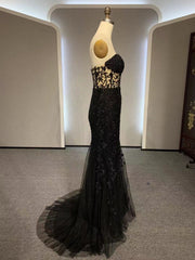 Black Mermaid Lace Prom Dresses For Black girls For Women, Black Mermaid Lace Formal Evening Dresses