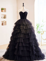 Black Off Shoulder Tulle Long Prom Dress Outfits For Girls, Black Formal Evening Dress
