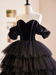 Black Off Shoulder Tulle Long Prom Dress Outfits For Girls, Black Formal Evening Dress