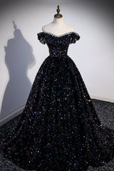 Black Off the Shoulder Beaded Long Formal Dress Outfits For Girls, Black Shiny Sequins Evening Dress