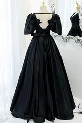 Black Satin Deep V-neckline Long Formal Dress Outfits For Girls, Black Evening Dress Outfits For Women Prom Dress