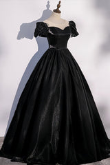 Black Satin Long Prom Dress Outfits For Girls, Black A-Line Short Sleeve Evening Dress
