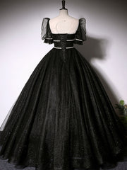 Black Scoop Neckline Long Prom Dress Outfits For Girls, Shiny Tulle Black Evening Dress