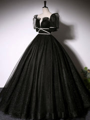 Black Scoop Neckline Long Prom Dress Outfits For Girls, Shiny Tulle Black Evening Dress