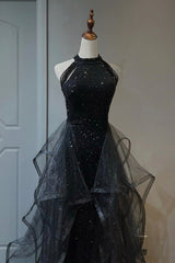 Black Shiny Tulle Long Party Dress Outfits For Women with Beaded, Black Evening Dress