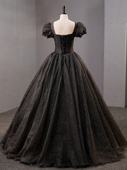 Black Square Neckline Tulle Long Prom Dresses For Black girls For Women, Shiny Tulle Black Evening Dress