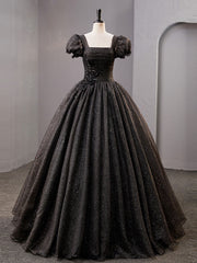 Black Square Neckline Tulle Long Prom Dresses For Black girls For Women, Shiny Tulle Black Evening Dress