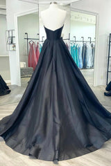Black Strapless Satin Long Prom Dress Outfits For Girls, Black A-Line Evening Dress