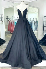 Black Strapless Satin Long Prom Dress Outfits For Girls, Black A-Line Evening Dress