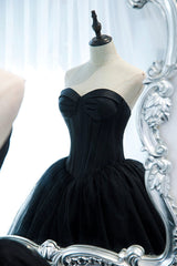 Black Strapless Tulle Long A-Line Prom Dress Outfits For Girls, Black Formal Evening Gown