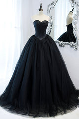 Black Strapless Tulle Long A-Line Prom Dress Outfits For Girls, Black Formal Evening Gown