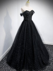 Black Sweetheart Off Shoulder Tulle Long Prom Dress Outfits For Girls, Black Evening Dress