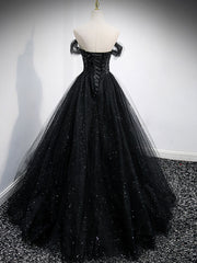 Black Sweetheart Off Shoulder Tulle Long Prom Dress Outfits For Girls, Black Evening Dress