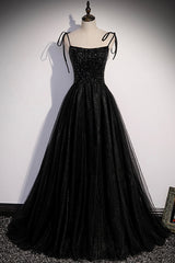 Black Tulle Beaded Long Prom Dress Outfits For Girls, A-Line Spaghetti Straps Evening Dress