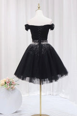 Black Tulle Beaded Short Prom Dress Outfits For Girls, Off Shoulder Evening Party Dress