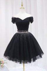 Black Tulle Beaded Short Prom Dress Outfits For Girls, Off Shoulder Evening Party Dress