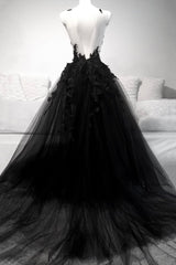 Black Tulle Lace Long A-Line Prom Dress Outfits For Girls, Black V-Neck Evening Dress