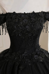Black Tulle Lace Long Prom Dress Outfits For Girls, Black A-Line Evening Gown