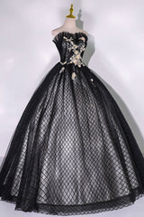 Black Tulle Lace Long Prom Dress Outfits For Girls, Black A-Line Strapless Evening Gown