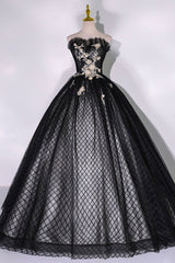 Black Tulle Lace Long Prom Dress Outfits For Girls, Black A-Line Strapless Evening Gown