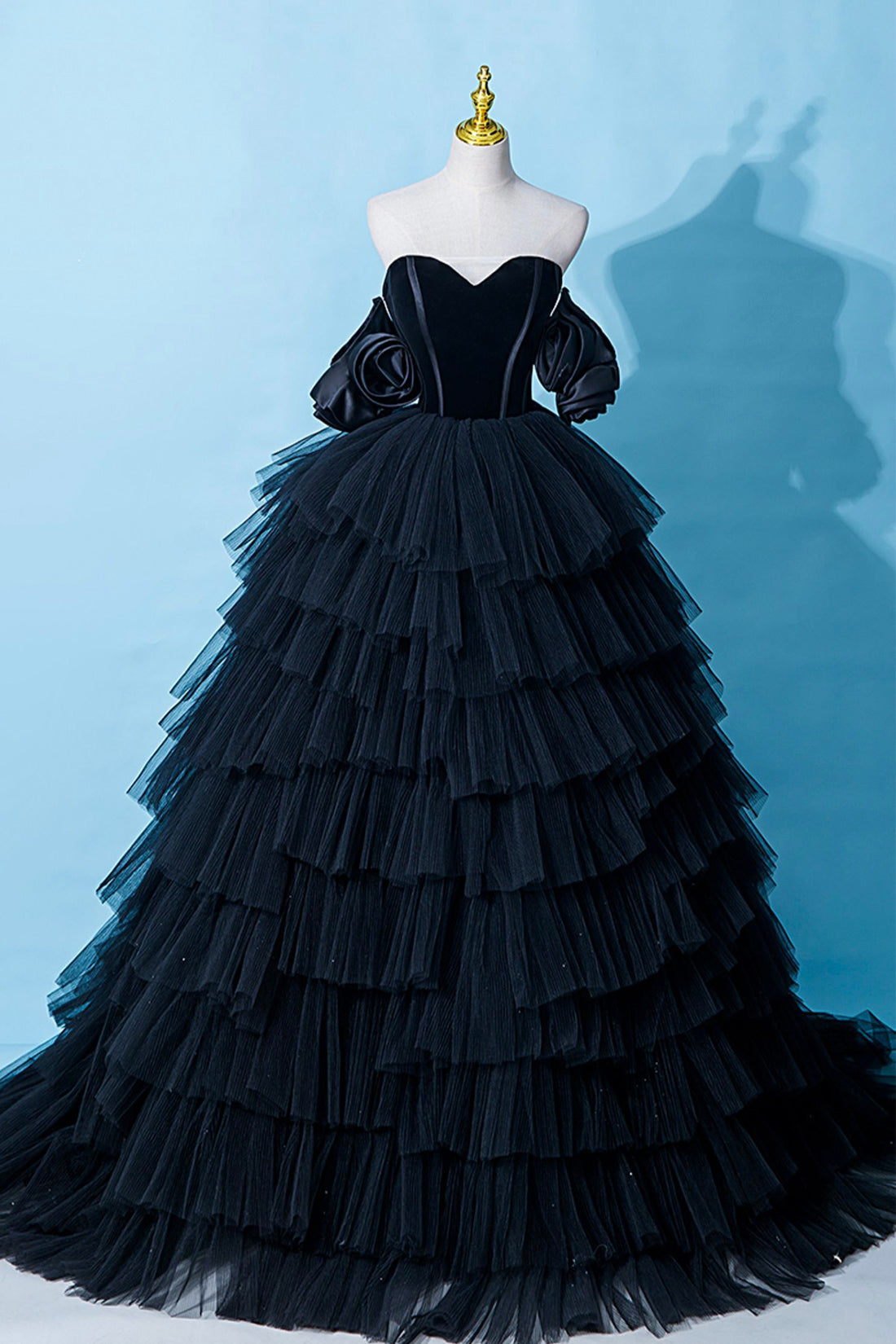 Black Tulle Layers Long Formal Dress Outfits For Girls, Black A-Line Strapless Evening Dress