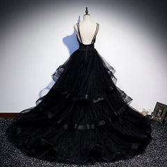 Black Tulle Layers Straps Beaded Long Evening Dress Outfits For Girls, Black Formal Dress Outfits For Women Prom Dress