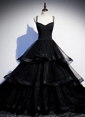 Black Tulle Layers Straps Beaded Long Evening Dress Outfits For Girls, Black Formal Dress Outfits For Women Prom Dress