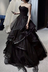 Black Tulle Long A-Line Prom Dress Outfits For Girls,Ball Dresses For Black girls with Ruffles