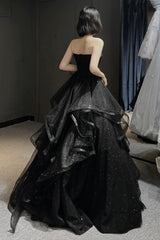 Black Tulle Long A-Line Prom Dress Outfits For Girls,Ball Dresses For Black girls with Ruffles