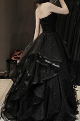 Black Tulle Long A-Line Prom Dress Outfits For Girls,Ball Dresses For Black girls with Ruffles