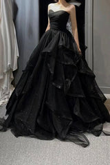 Black Tulle Long A-Line Prom Dress Outfits For Girls,Ball Dresses For Black girls with Ruffles