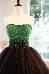 Black Tulle Long Formal Dress Outfits For Women with Green Beaded, Black Strapless Prom Dress