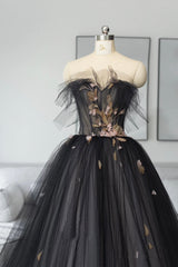 Black Tulle Long Prom Dress Outfits For Girls, Black A-Line Strapless Evening Dress