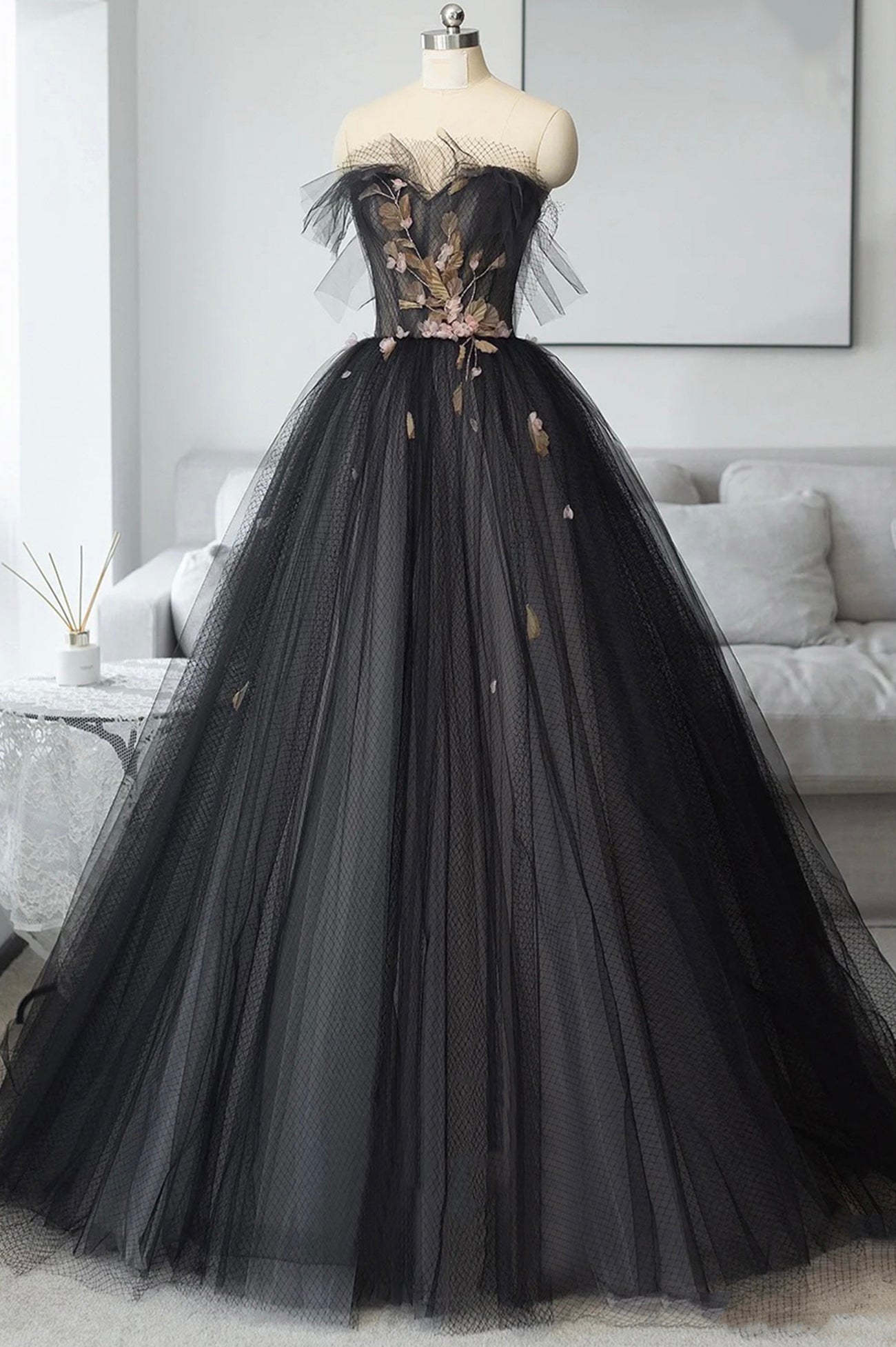 Black Tulle Long Prom Dress Outfits For Girls, Black A-Line Strapless Evening Dress