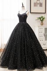 Black Tulle Long Prom Dress Outfits For Girls, Black Spaghetti Straps Formal Evening Gown