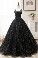 Black Tulle Long Prom Dress Outfits For Girls, Black Spaghetti Straps Formal Evening Gown