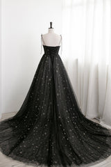 Black Tulle Long Prom Dress Outfits For Women with Stars, Cute Spaghetti Straps Graduation Dress