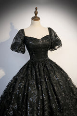 Black Tulle Sequins Long Prom Dress Outfits For Girls, A-Line Short Sleeve Formal Evening Gown