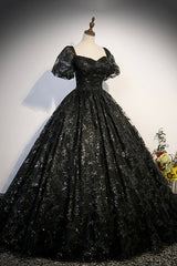 Black Tulle Sequins Long Prom Dress Outfits For Girls, A-Line Short Sleeve Formal Evening Gown