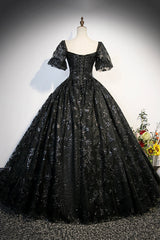 Black Tulle Sequins Long Prom Dress Outfits For Girls, A-Line Short Sleeve Formal Evening Gown