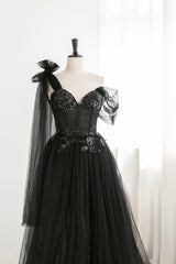 Black Tulle Sequins Long Prom Dress Outfits For Girls, Black One Shoulder Evening Dress