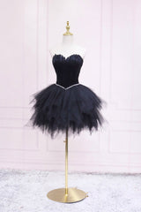 Black Tulle Short Prom Dress Outfits For Women with Feather, A-Line Sweetheart Neckline Party Dress