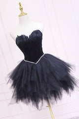 Black Tulle Short Prom Dress Outfits For Women with Feather, A-Line Sweetheart Neckline Party Dress