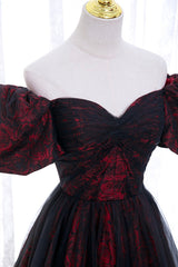 Black Tulle Short Sleeve Formal Evening Dress Outfits For Girls, Off the Shoulder Prom Dress