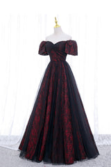 Black Tulle Short Sleeve Formal Evening Dress Outfits For Girls, Off the Shoulder Prom Dress