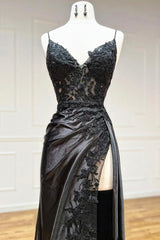 Black V-Neck Lace Long Formal Dress Outfits For Girls, Black Spaghetti Strap Evening Gown with Leg Slits