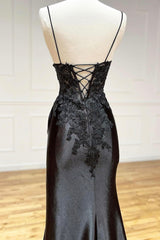 Black V-Neck Lace Long Formal Dress Outfits For Girls, Black Spaghetti Strap Evening Gown with Leg Slits