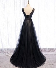 Black V Neck Tulle Lace Long Prom Dress Outfits For Women Black Evening Dress