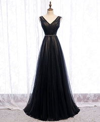 Black V Neck Tulle Lace Long Prom Dress Outfits For Women Black Evening Dress