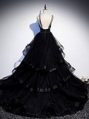 Black V Neck Tulle Long Prom Dress Outfits For Girls, Black Formal Graduation Dress Outfits For Women with Beading